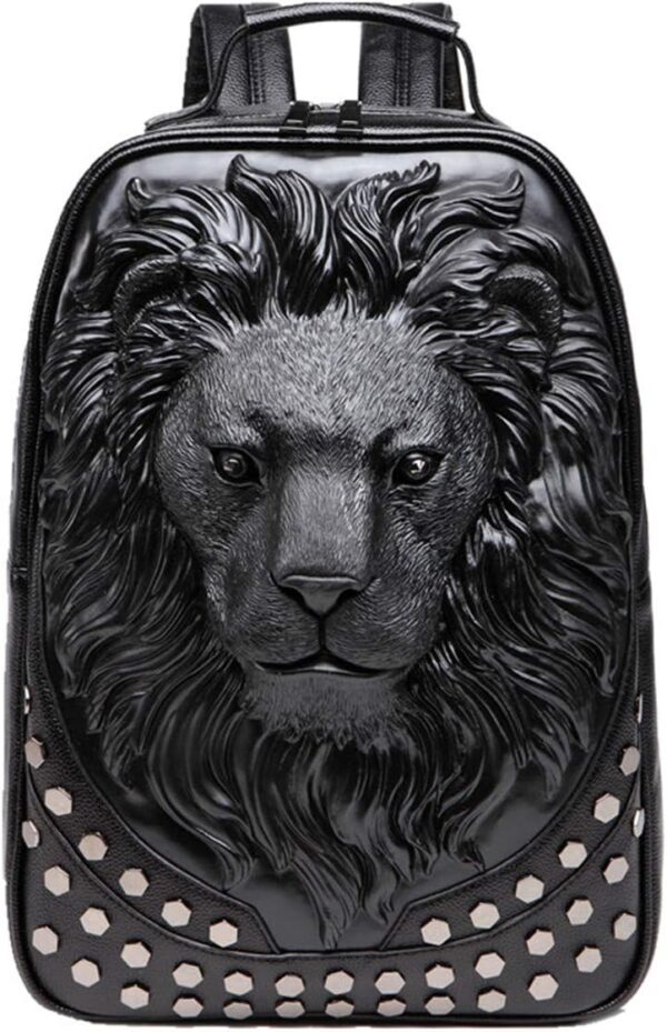 kiisy 3D Lion Laptop Backpack Unique Designer PU Leather Fashion Travel Rivet Punk Backpack (black)