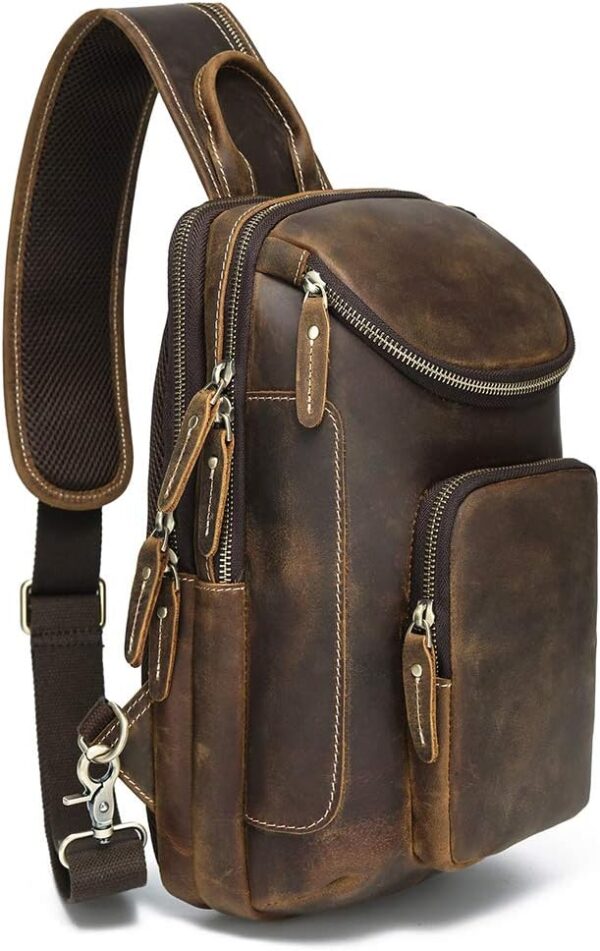 LANNSYNE Vintage Full Grain Leather Sling Bag Crossbody Chest Daypack