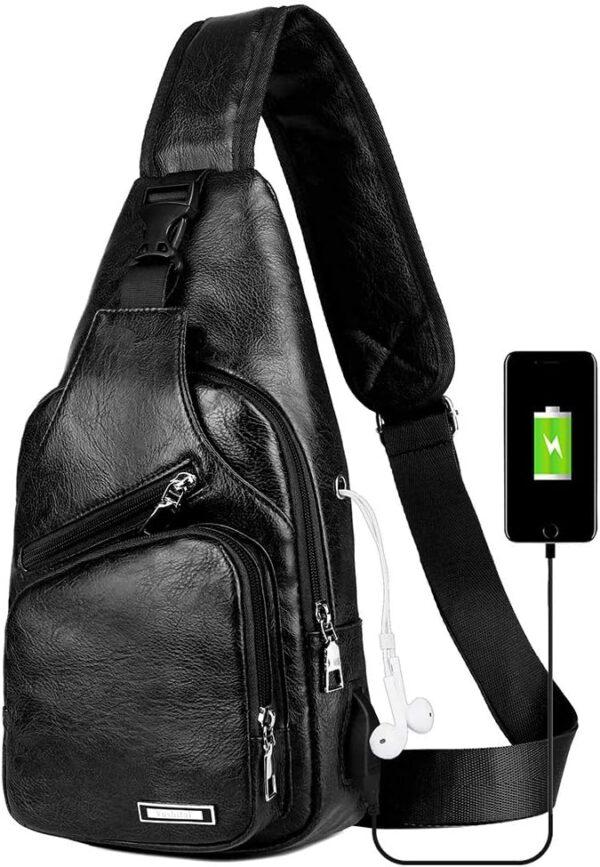 Peicees Leather Sling Bag Mens Crossbody Bag Chest Bag Sling Backpack for Men with USB Charge Port